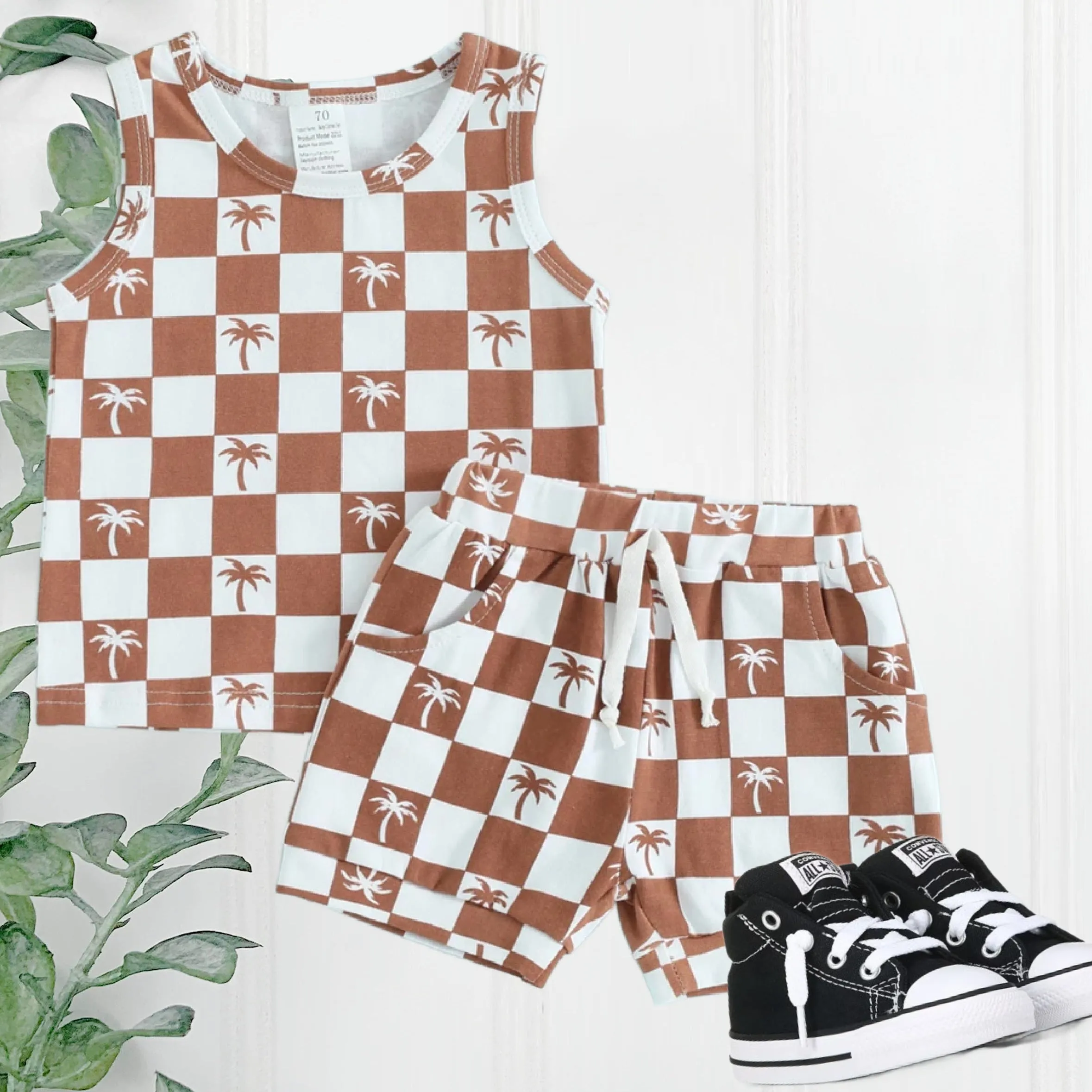 $12.00 EA - 3-6M X 1, 6-12M X 1, 12-24M X 1  - Rust Check Palm Trees Sleeveless