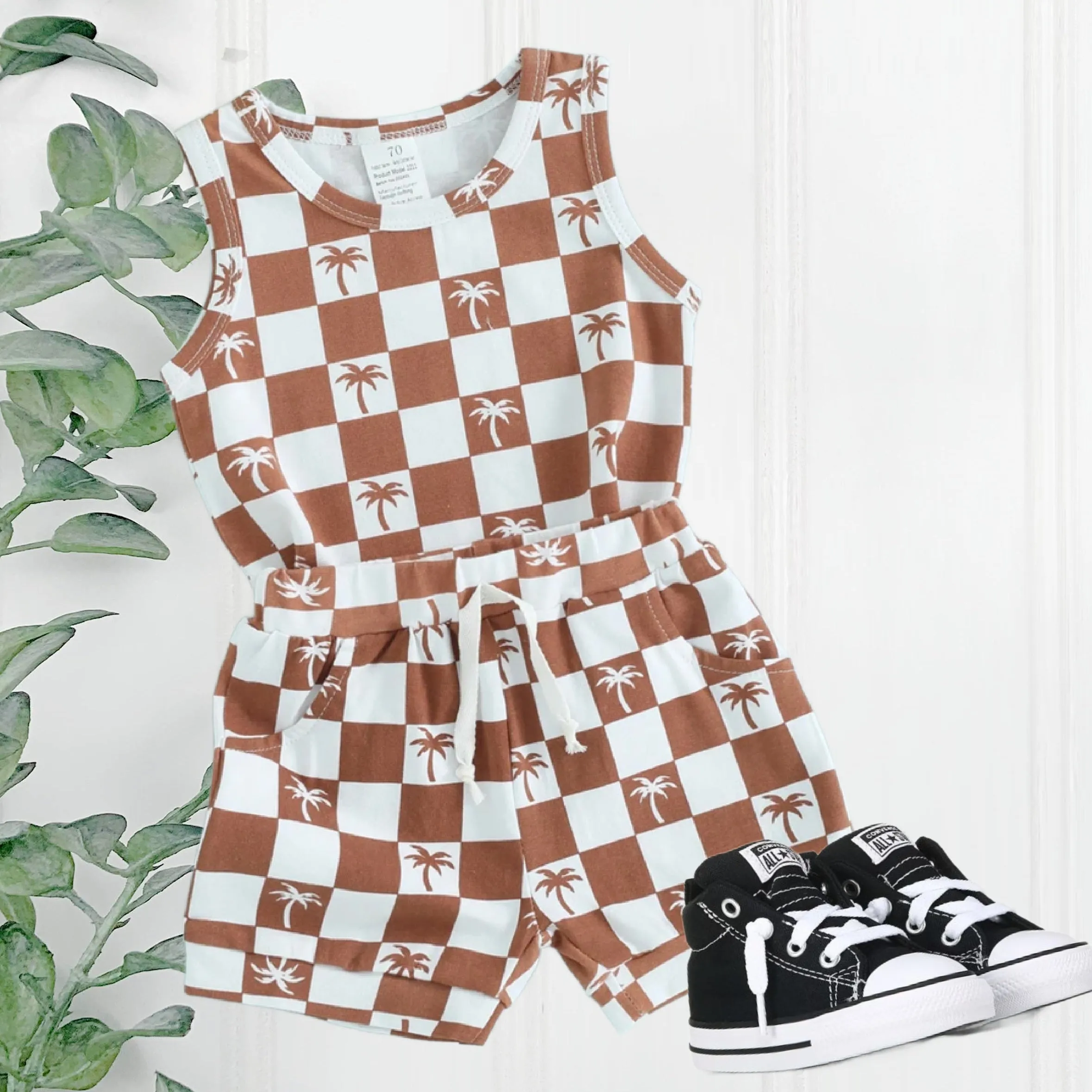 $12.00 EA - 3-6M X 1, 6-12M X 1, 12-24M X 1  - Rust Check Palm Trees Sleeveless