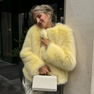 Cool Street Winter Fashion Fluffy Fur Jacket Round Neck Faux Fur Coat