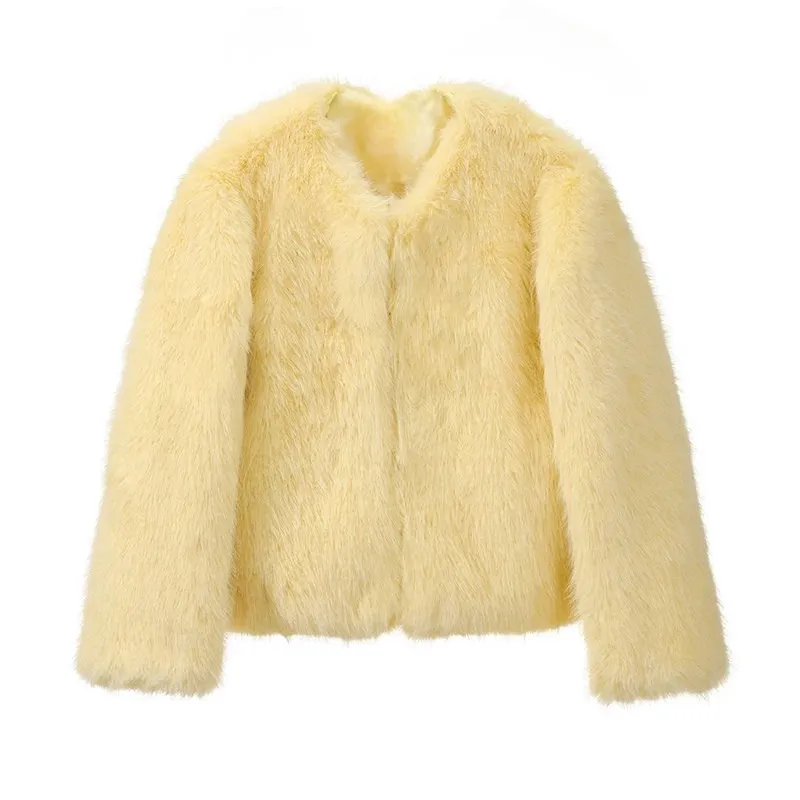 Cool Street Winter Fashion Fluffy Fur Jacket Round Neck Faux Fur Coat
