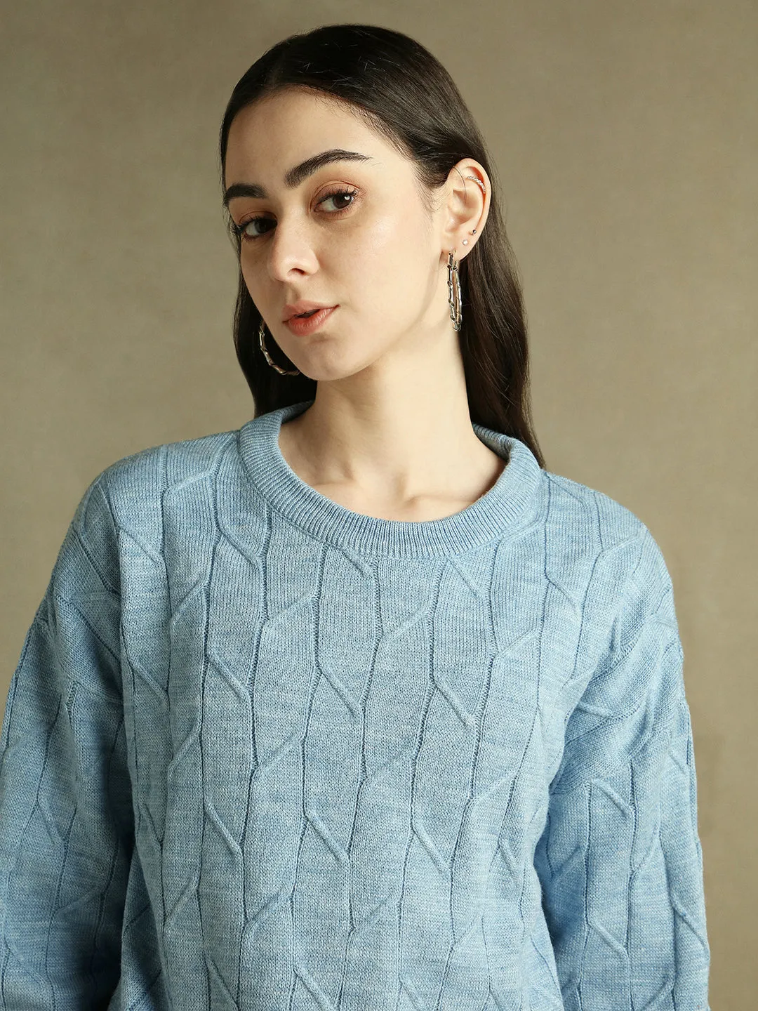 DL Woman Round Neck Solid Light Blue Full Sleeves Pullover Sweater