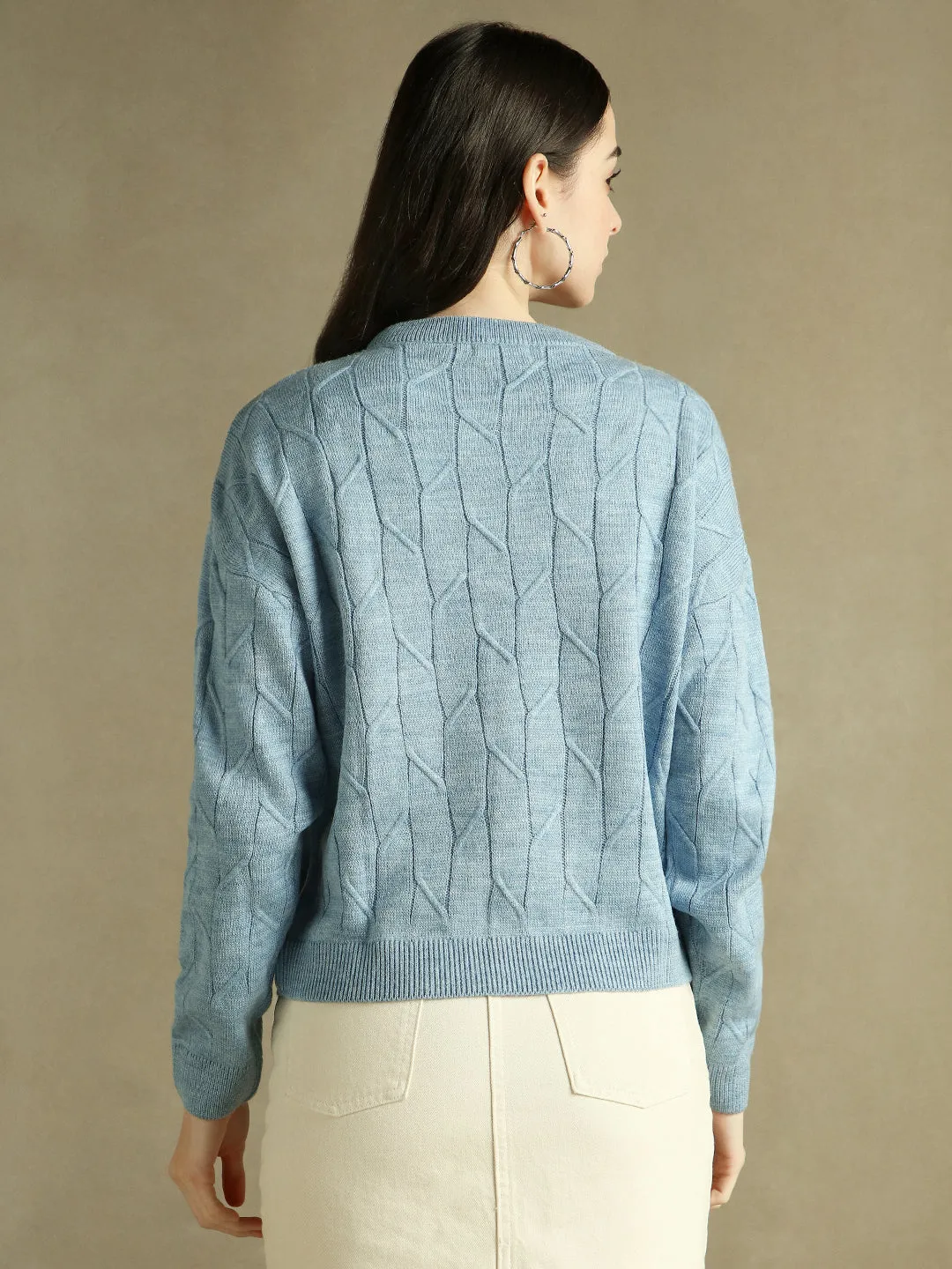 DL Woman Round Neck Solid Light Blue Full Sleeves Pullover Sweater
