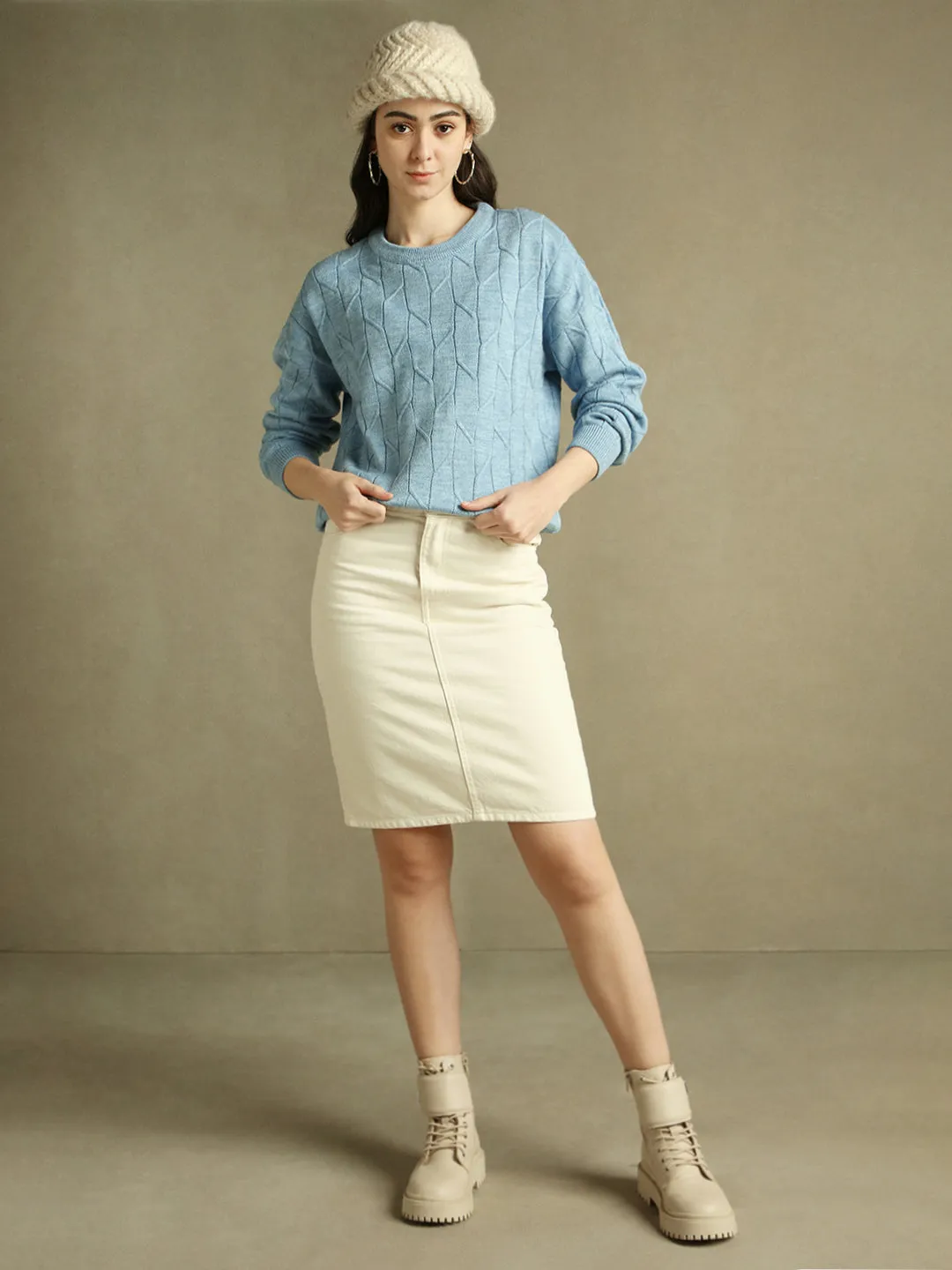 DL Woman Round Neck Solid Light Blue Full Sleeves Pullover Sweater