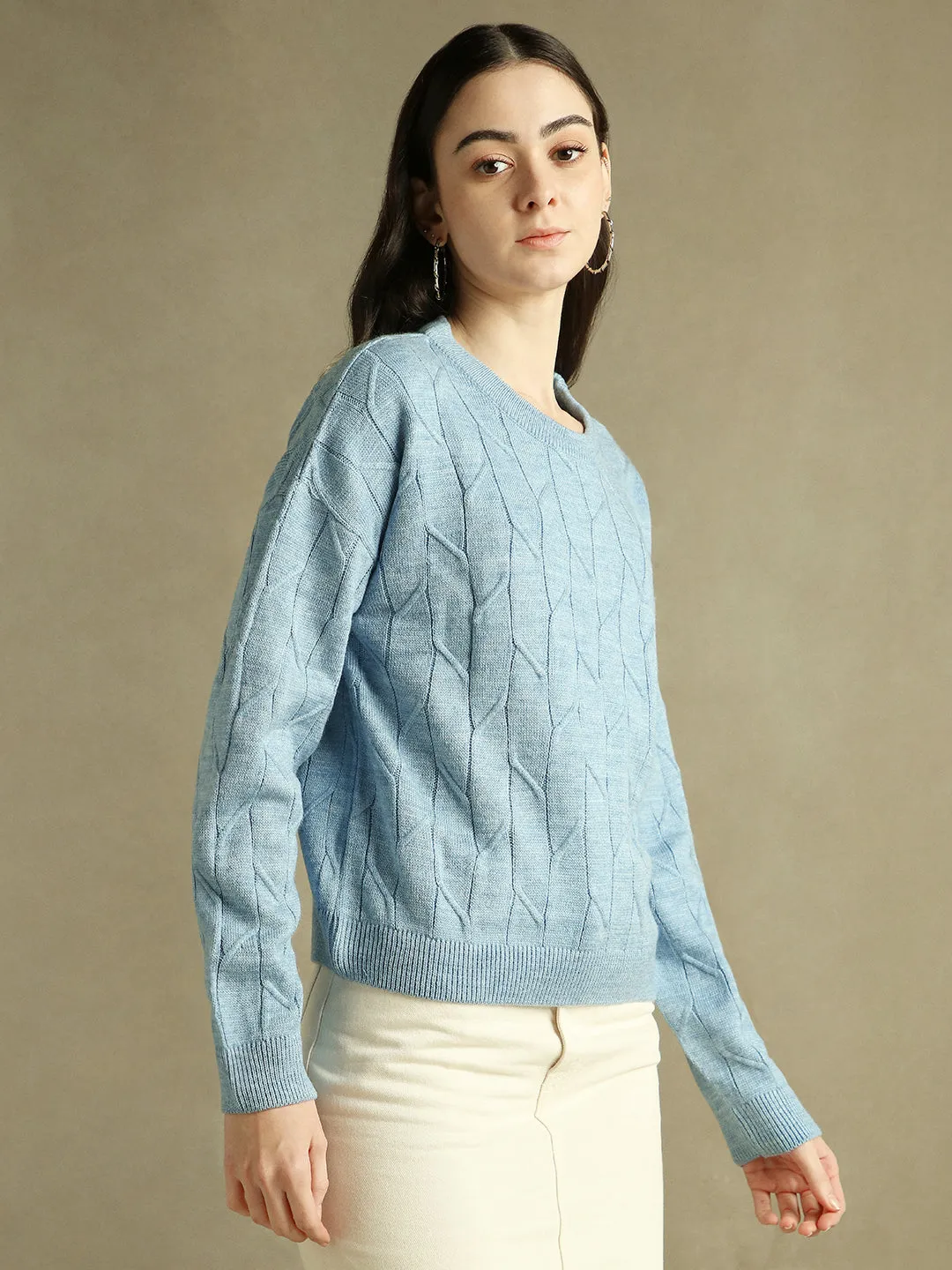 DL Woman Round Neck Solid Light Blue Full Sleeves Pullover Sweater