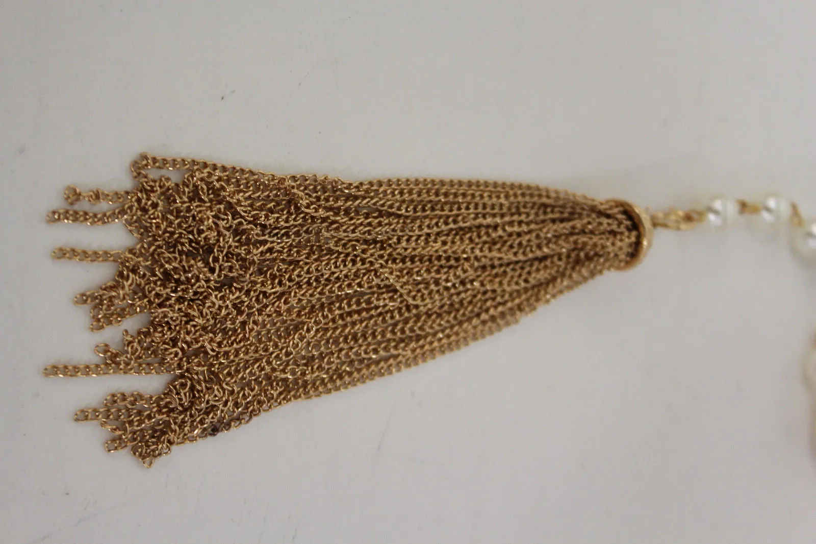 Gold Metal Chain Fringes Imitation Pearl Beads Long Back Pendant Necklace