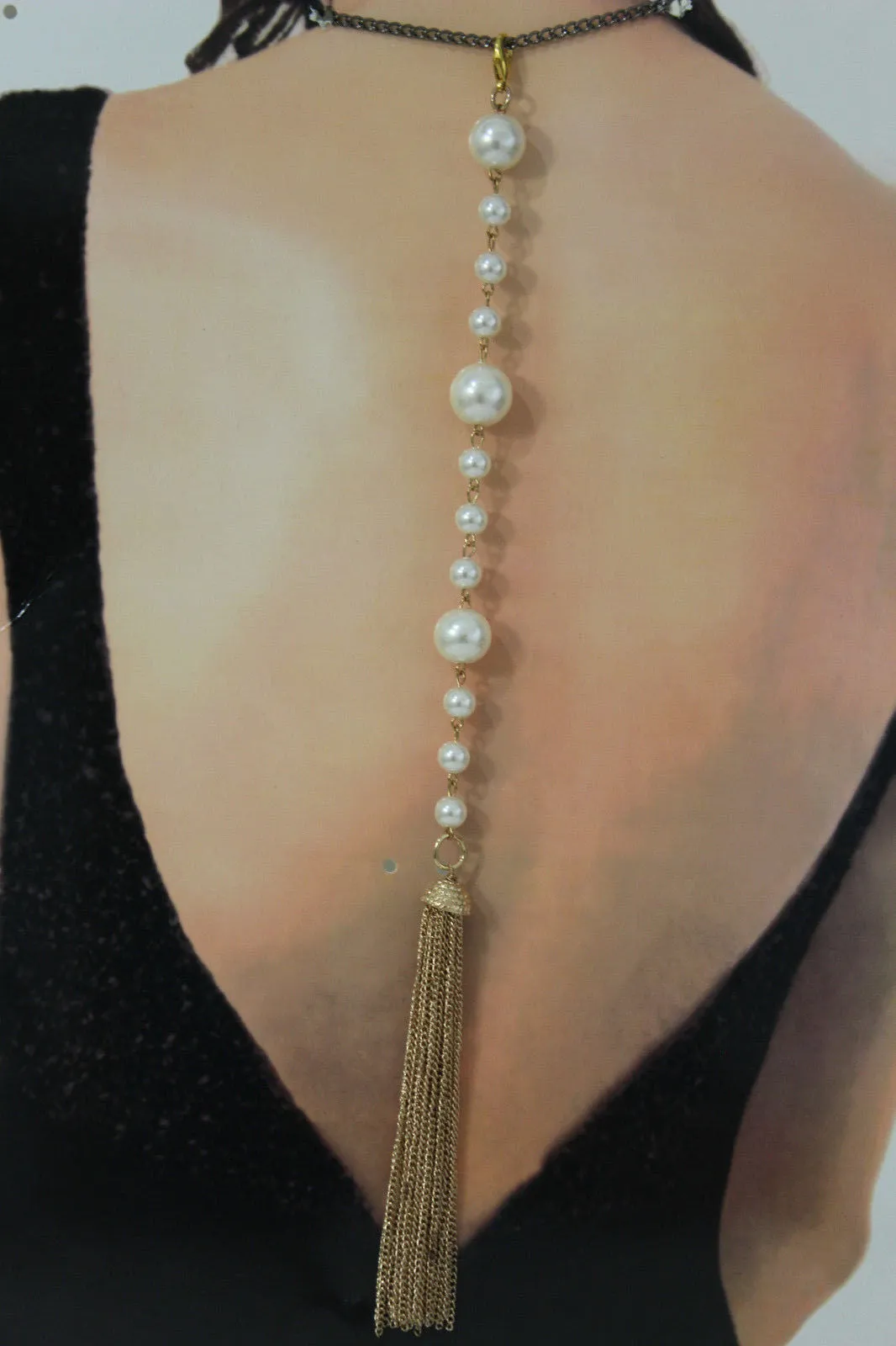 Gold Metal Chain Fringes Imitation Pearl Beads Long Back Pendant Necklace