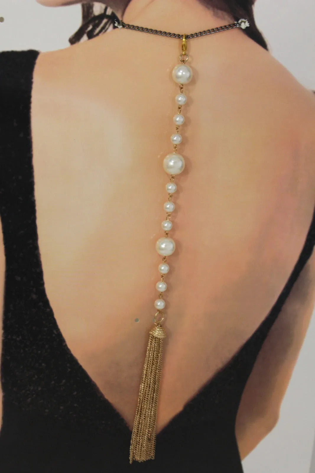 Gold Metal Chain Fringes Imitation Pearl Beads Long Back Pendant Necklace