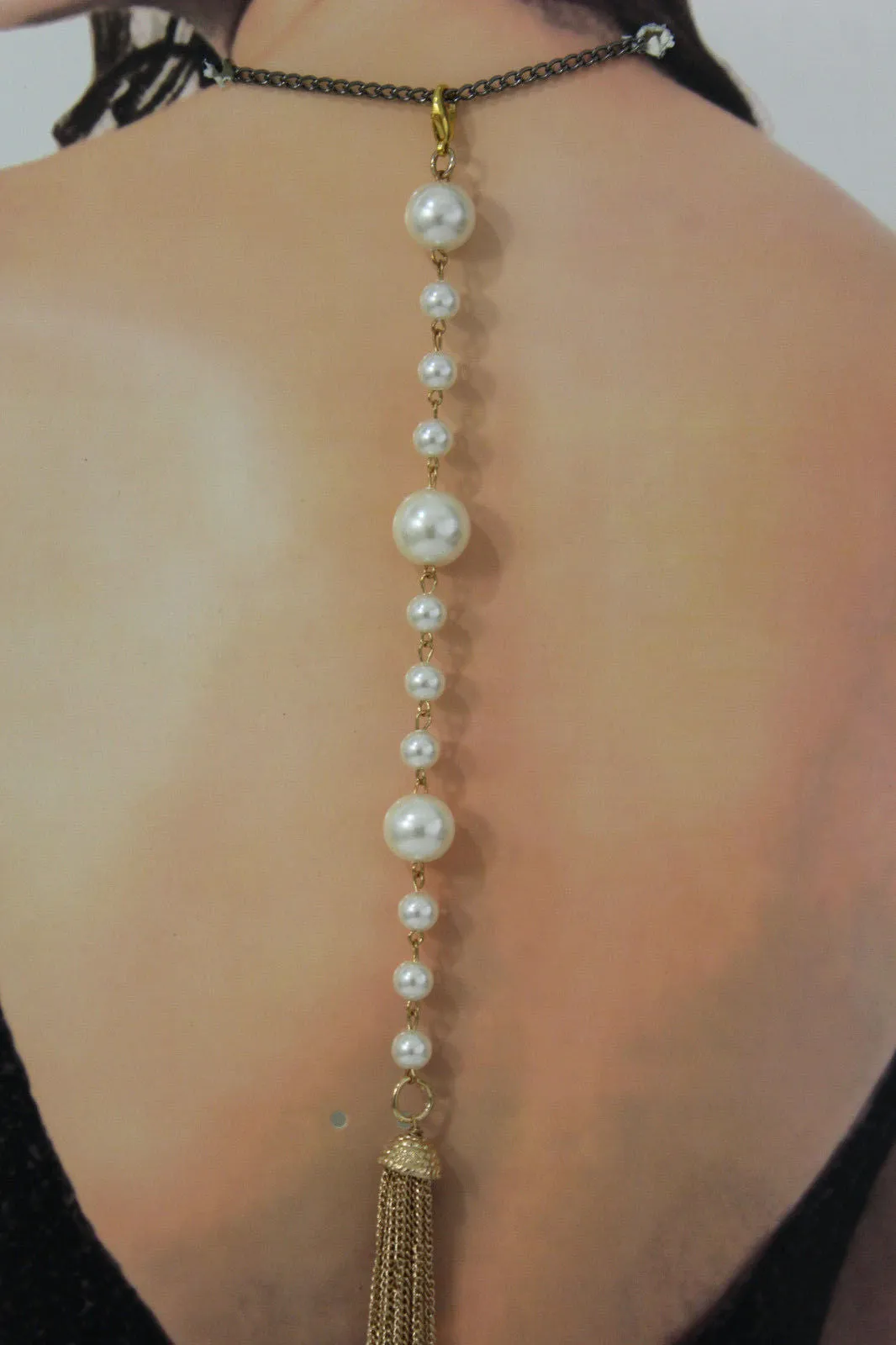 Gold Metal Chain Fringes Imitation Pearl Beads Long Back Pendant Necklace