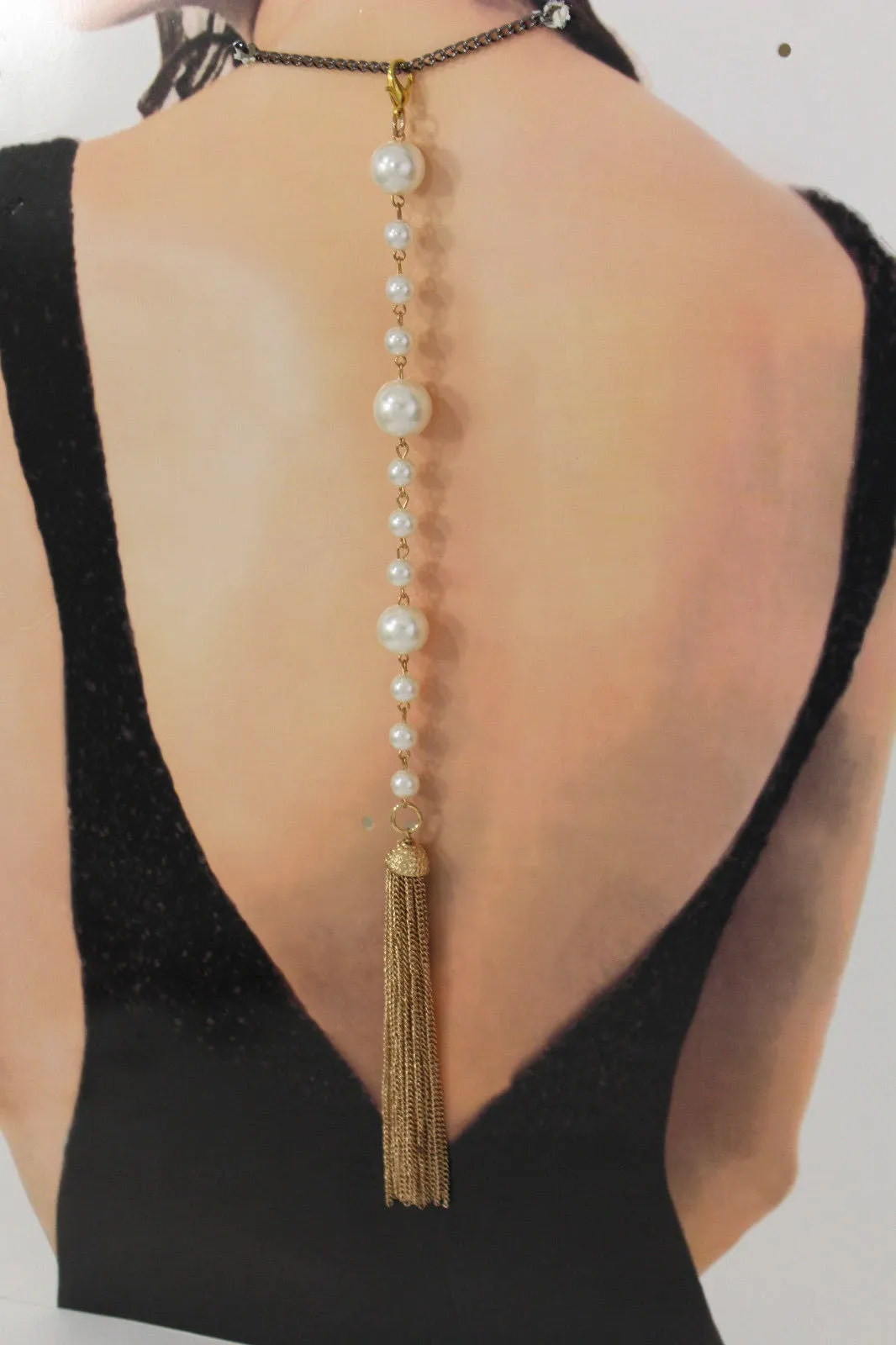 Gold Metal Chain Fringes Imitation Pearl Beads Long Back Pendant Necklace