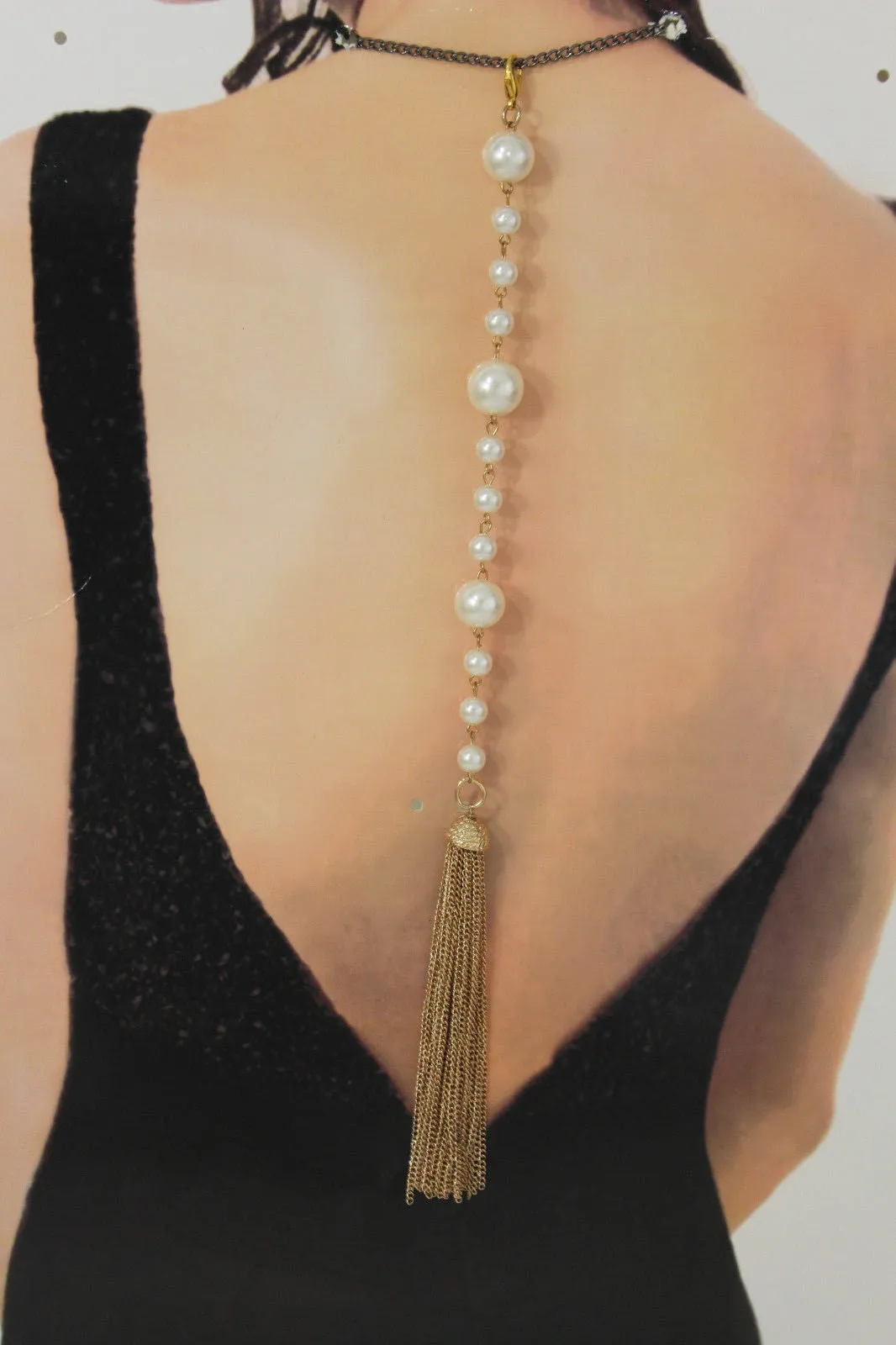 Gold Metal Chain Fringes Imitation Pearl Beads Long Back Pendant Necklace
