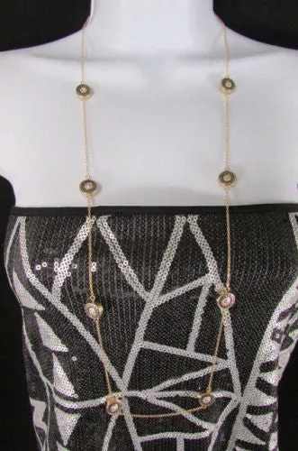 Gold Metal Chains Classic Circles Pendant 40" Long Necklace