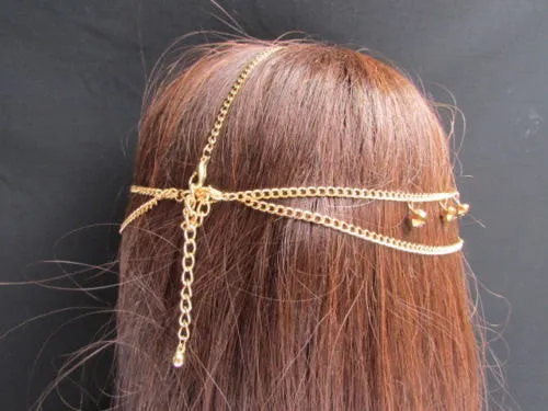Gold Metal Head Band Forehead Big Heart Rhinestone Beads Multi Drapes Women Hair