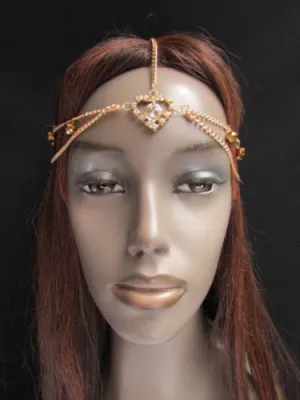 Gold Metal Head Band Forehead Big Heart Rhinestone Beads Multi Drapes Women Hair