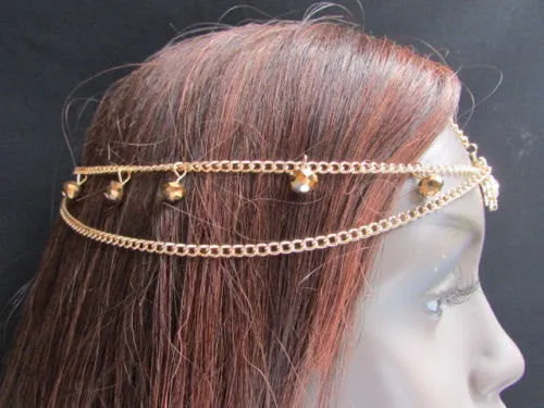 Gold Metal Head Band Forehead Big Heart Rhinestone Beads Multi Drapes Women Hair
