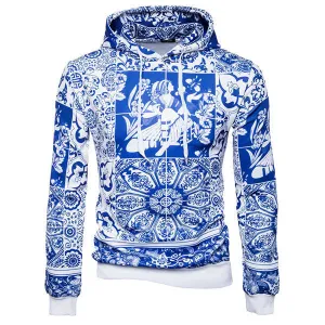 Mens Cotton Blue and White Porcelain Casual Hoodie