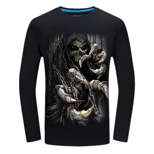 Mens Creative 3D Skeleton Chains Printing Cotton O-Neck Long Sleeve Plus Size T-Shirt