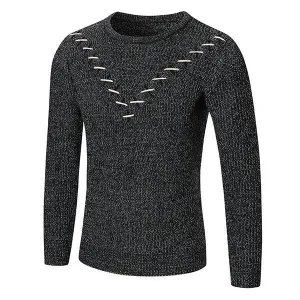 Mens Fall Winter Stylish Tether Design Knitted Round Neck Long Sleeve Casual Sweater