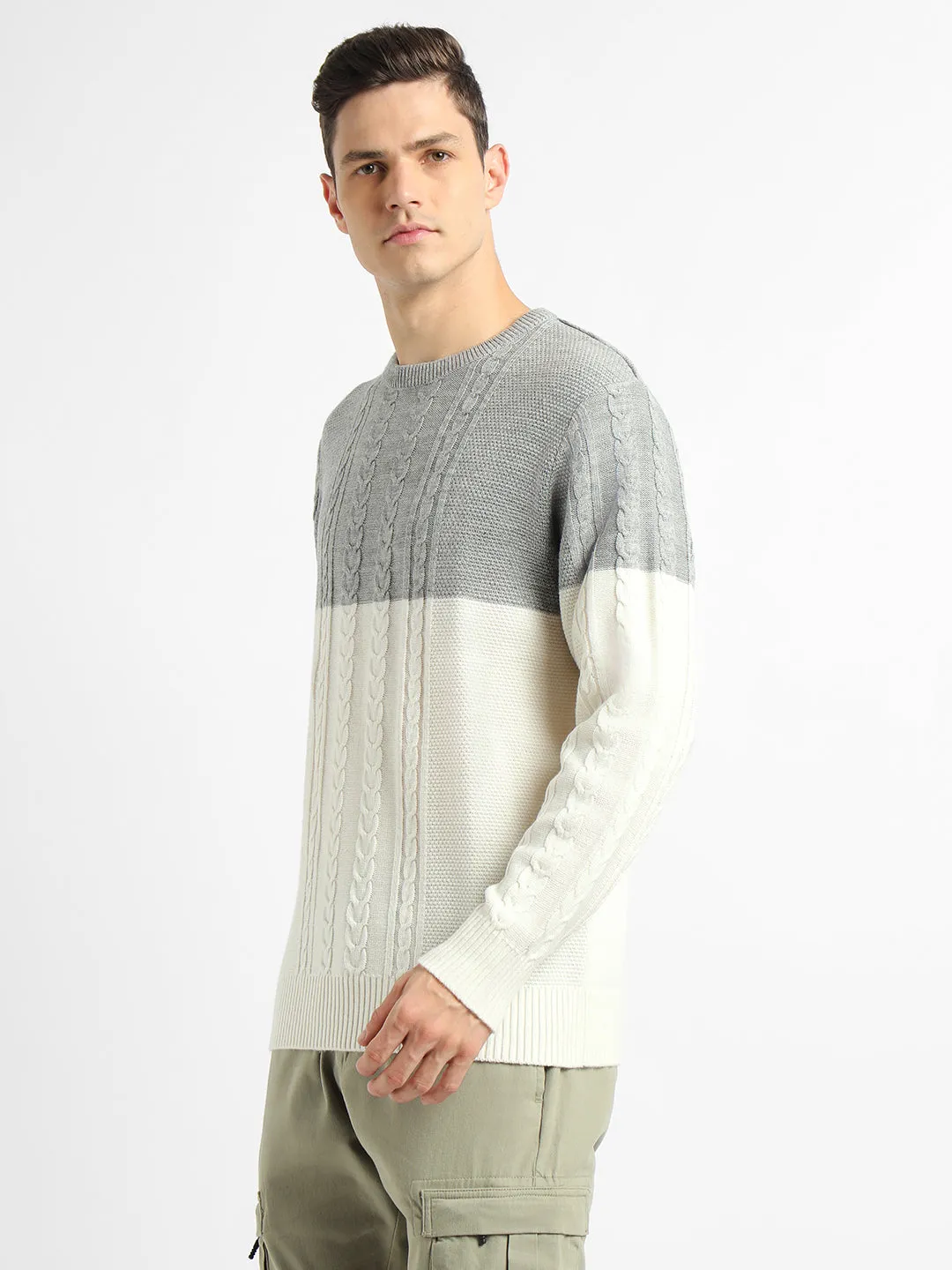 Men's Off-White ColorBlock Round Neck Pullover Sweater
