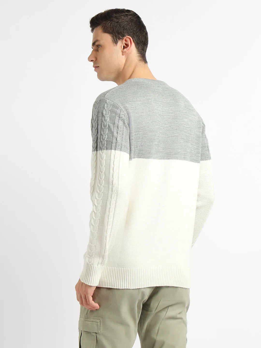 Men's Off-White ColorBlock Round Neck Pullover Sweater