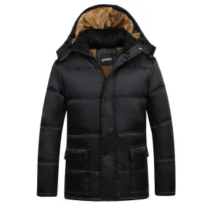 Men's Winter Casual Jacket Cotton Thick Warm Hooded Black Trench Coat
