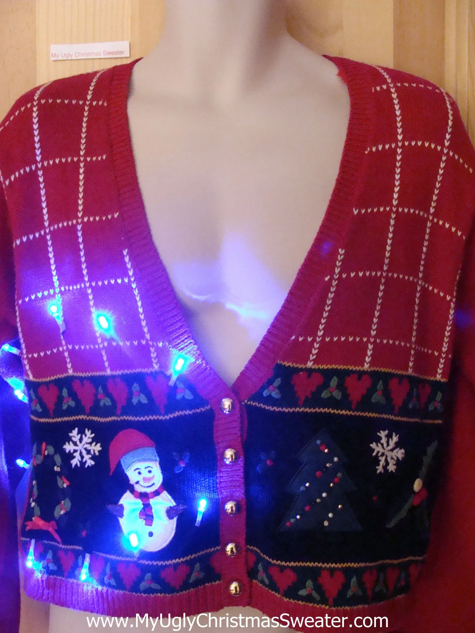 Red Light Up Ugly Xmas Sweater Crafty Hearts, Snowman and Tree