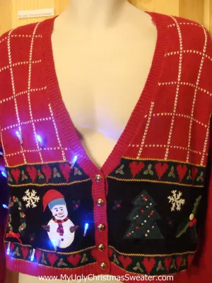 Red Light Up Ugly Xmas Sweater Crafty Hearts, Snowman and Tree