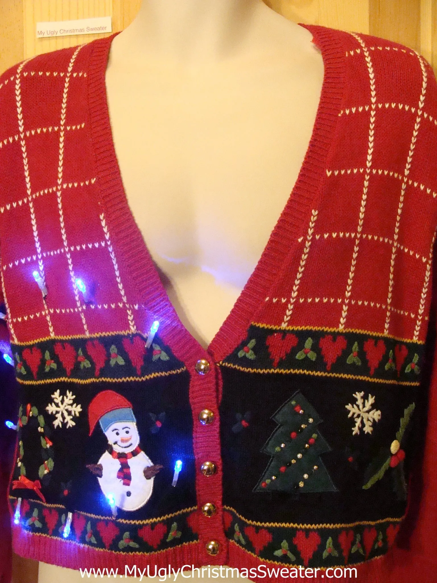 Red Light Up Ugly Xmas Sweater Crafty Hearts, Snowman and Tree