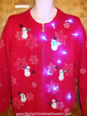 Snowmen in the Wing Red Light Up Ugly Xmas Sweater