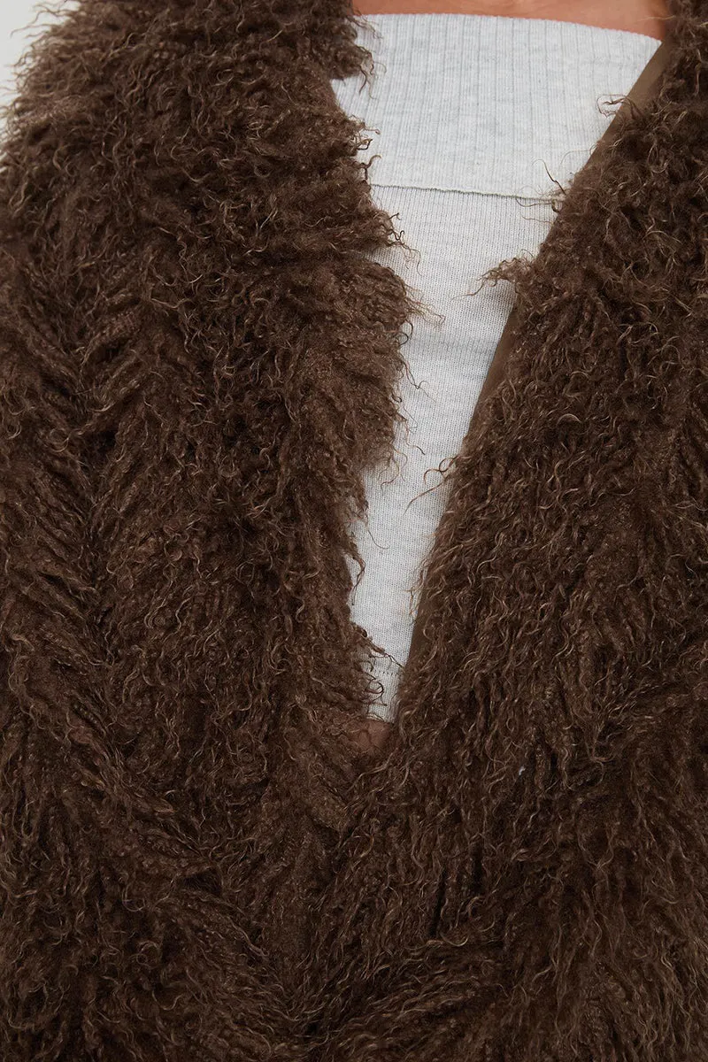 Solid Faux Fur V Neck Long Sleeve Jacket
