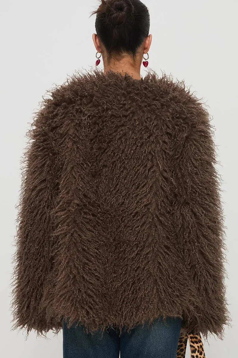 Solid Faux Fur V Neck Long Sleeve Jacket