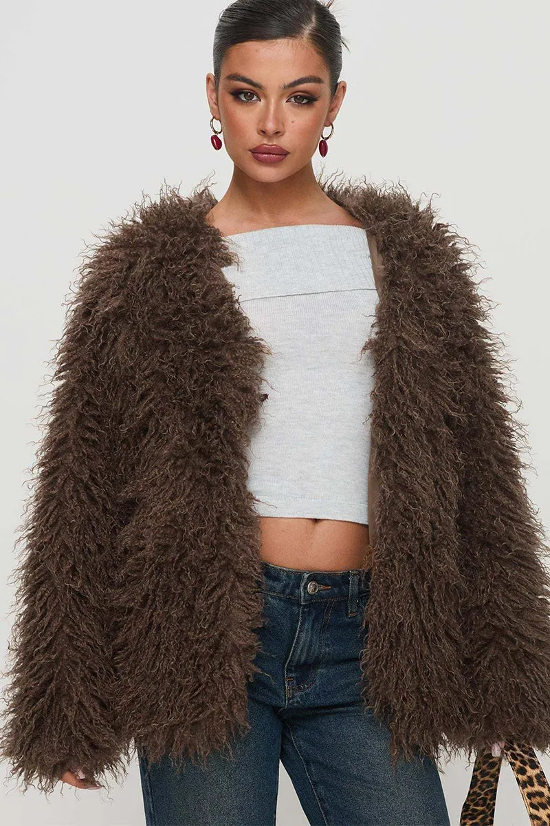 Solid Faux Fur V Neck Long Sleeve Jacket