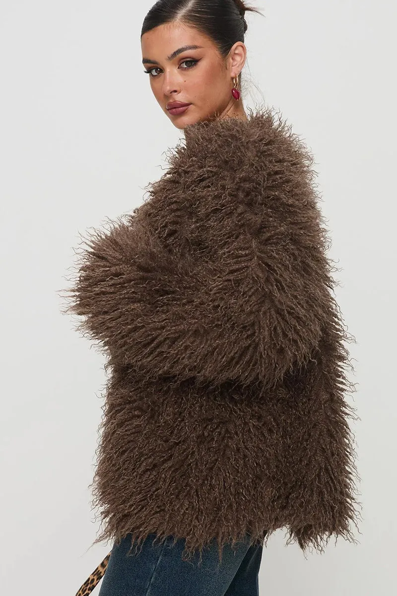 Solid Faux Fur V Neck Long Sleeve Jacket