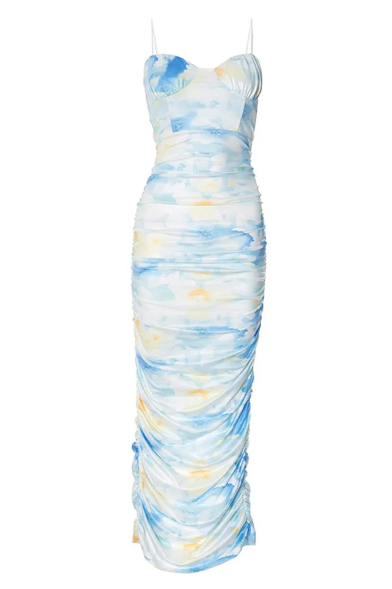 Tie Dye Printed Spaghetti Strap Pleated Split Dress
