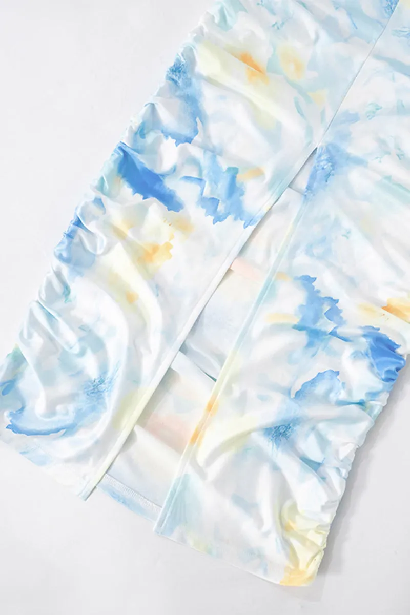 Tie Dye Printed Spaghetti Strap Pleated Split Dress