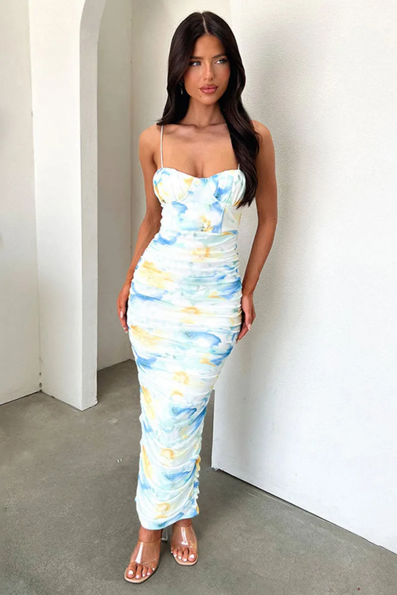 Tie Dye Printed Spaghetti Strap Pleated Split Dress