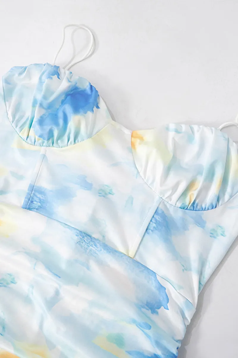 Tie Dye Printed Spaghetti Strap Pleated Split Dress