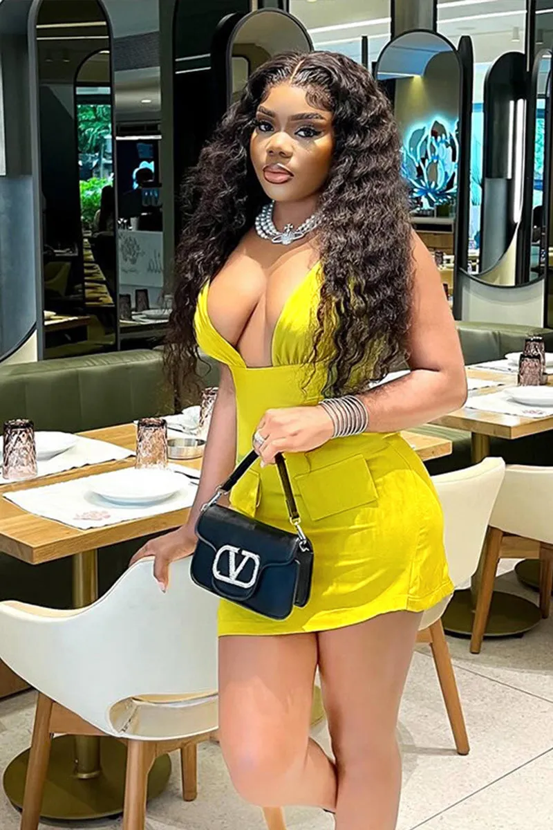 V Neck Sleeveless Fake Pockets Bodycon Mini Dress