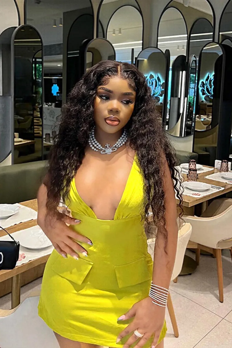 V Neck Sleeveless Fake Pockets Bodycon Mini Dress