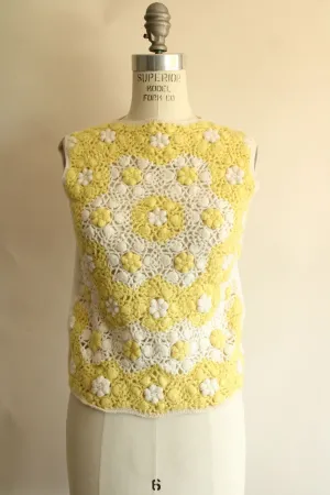 Vintage 1960s Yellow and White Crocheted Wool Sleeveless Sweater