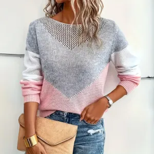 Women's Warm Colorblock Knitted Jumper with Mesh Design | Ideal for Autumn/Winter